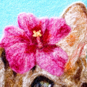 Wool painting of Bengal cat with hibiscus flower