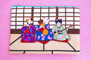 Geisha kitties fabric pouch - larger size