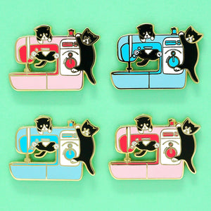 Pink sewing machine kittens enamel pin