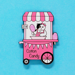 Cotton candy stand cat enamel pin