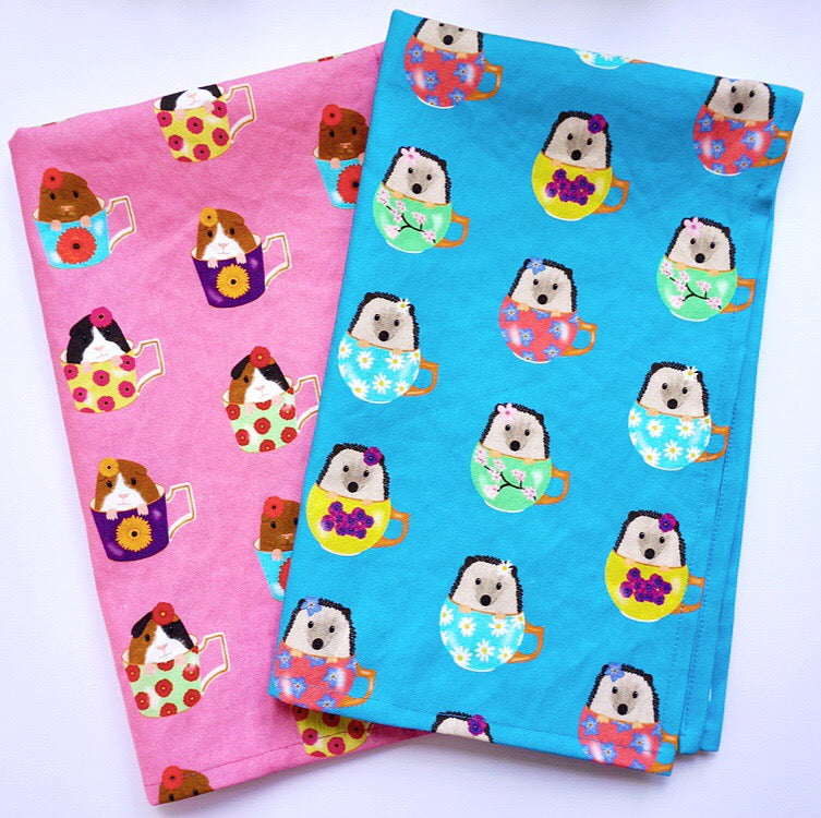 Critters in cups set of two tea towels