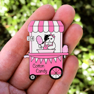 Cotton candy stand cat enamel pin
