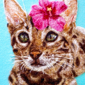 Wool painting of Bengal cat with hibiscus flower