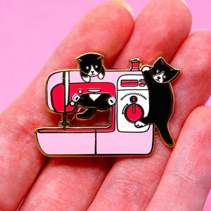 Pink sewing machine kittens enamel pin
